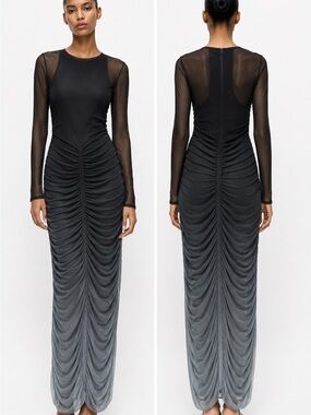 Zara Deep green to Jade Ombre Mesh Long-Sleeve Ruched Maxi Dress